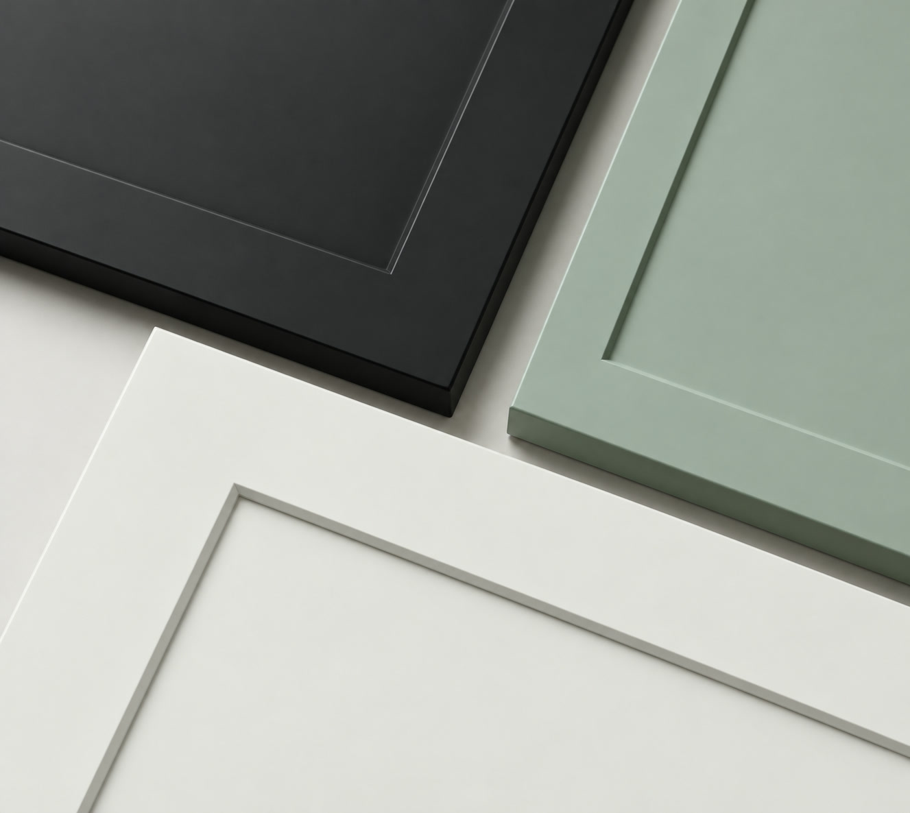 Charcoal, sage green and off-white painted Shaker door samples